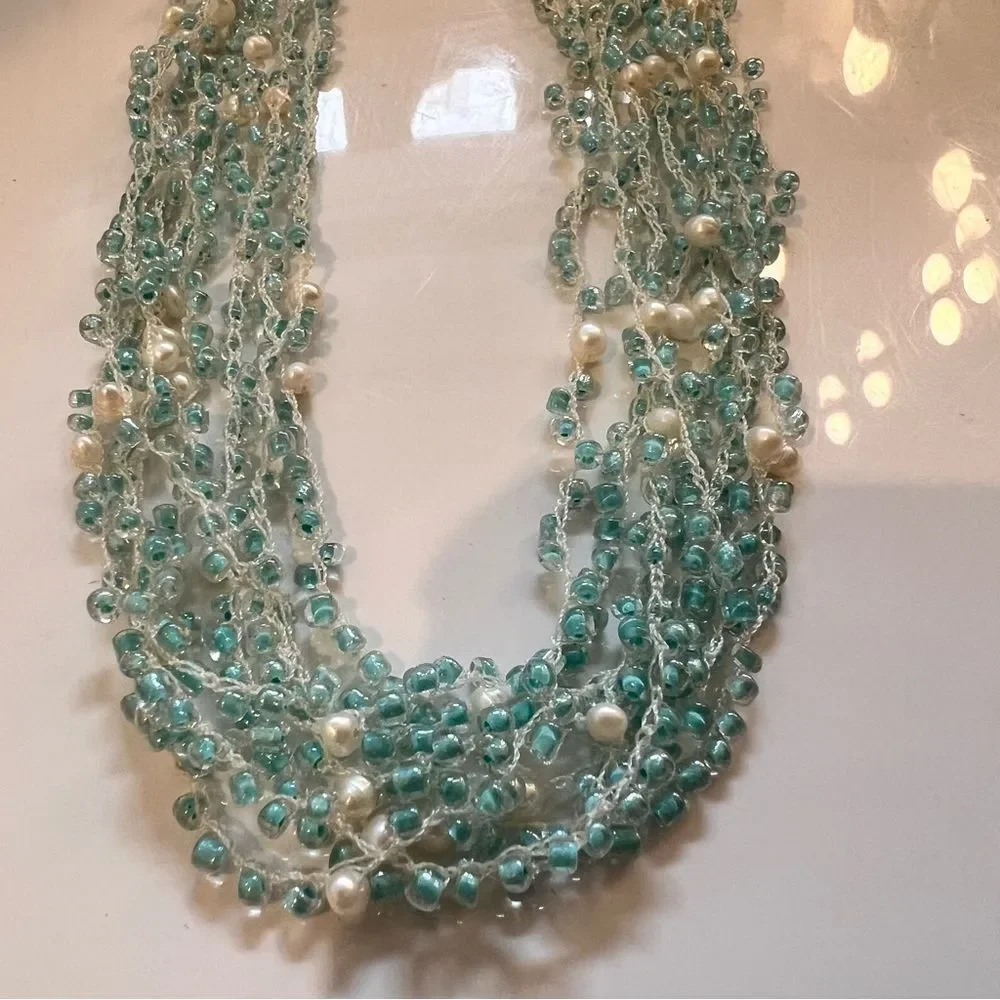 Vintage‎ Aqua Glass & Pearl Multi-Strand Necklace Boho Beachy Layered
